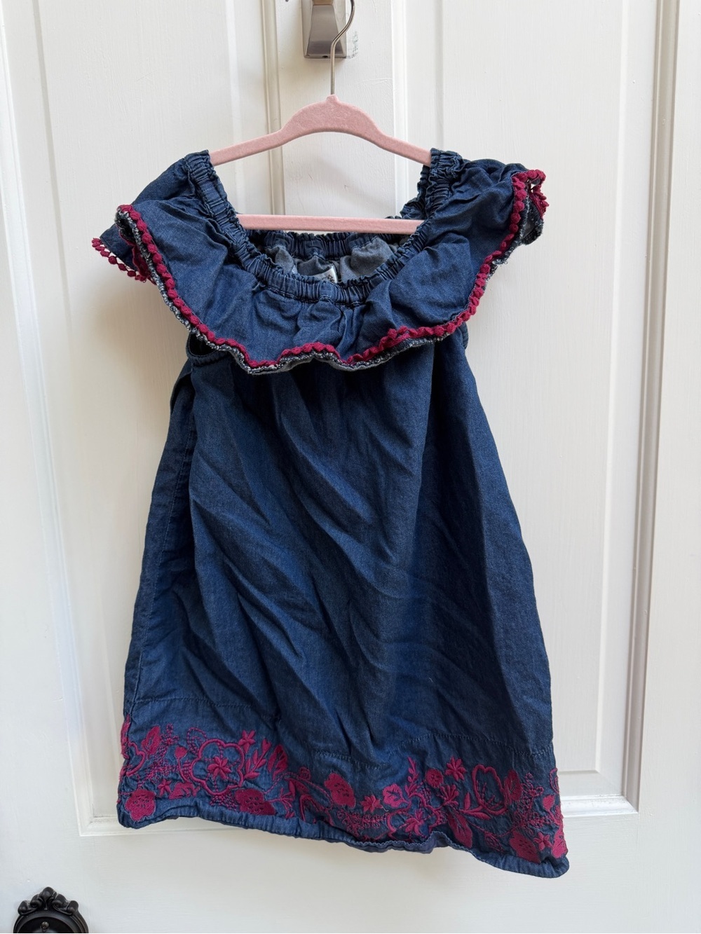 Aphorism Girls 4T Navy Denim Like Sleeveless Ruffle Dress with Floral Embroidery